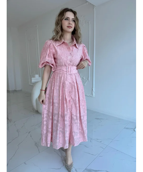 Kemerli Balon Kol Jakarlı Pembe Elbise