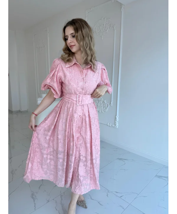 Kemerli Balon Kol Jakarlı Pembe Elbise