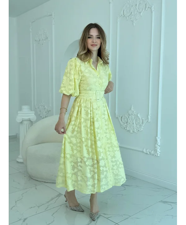 Kemerli Balon Kol Jakarlı Sarı Elbise