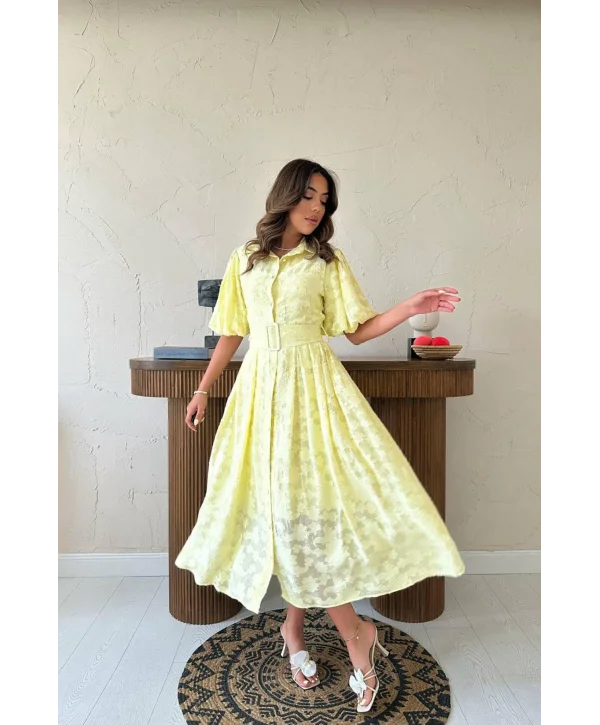 Kemerli Balon Kol Jakarlı Sarı Elbise