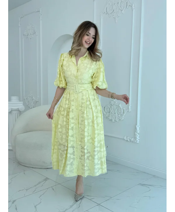 Kemerli Balon Kol Jakarlı Sarı Elbise