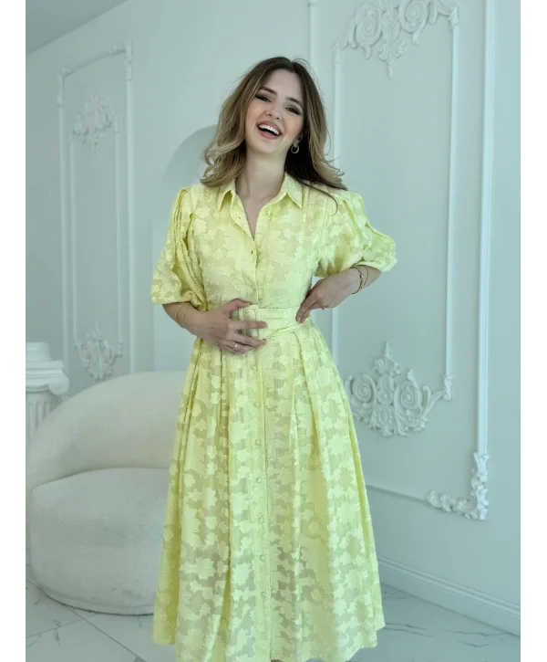 Kemerli Balon Kol Jakarlı Sarı Elbise