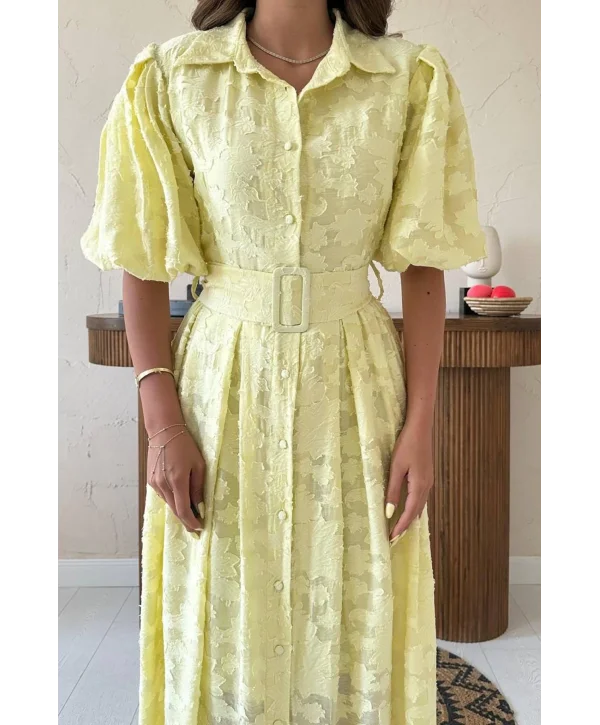 Kemerli Balon Kol Jakarlı Sarı Elbise