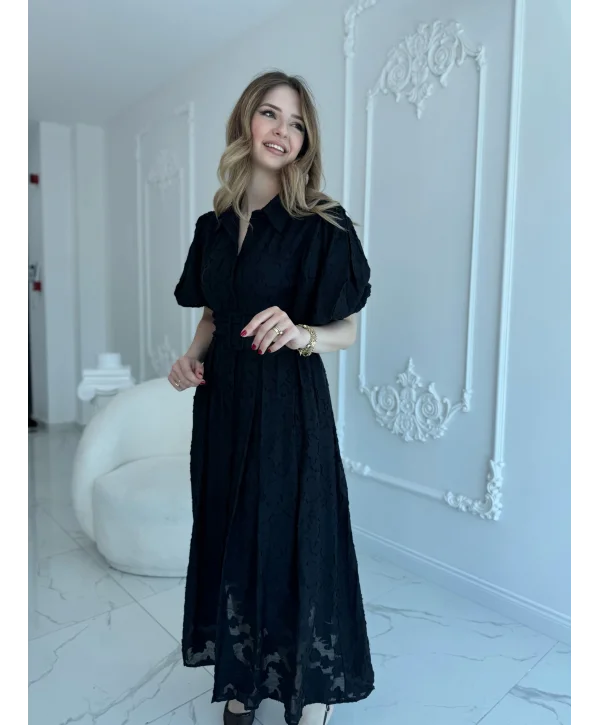 Kemerli Balon Kol Jakarlı Siyah Elbise