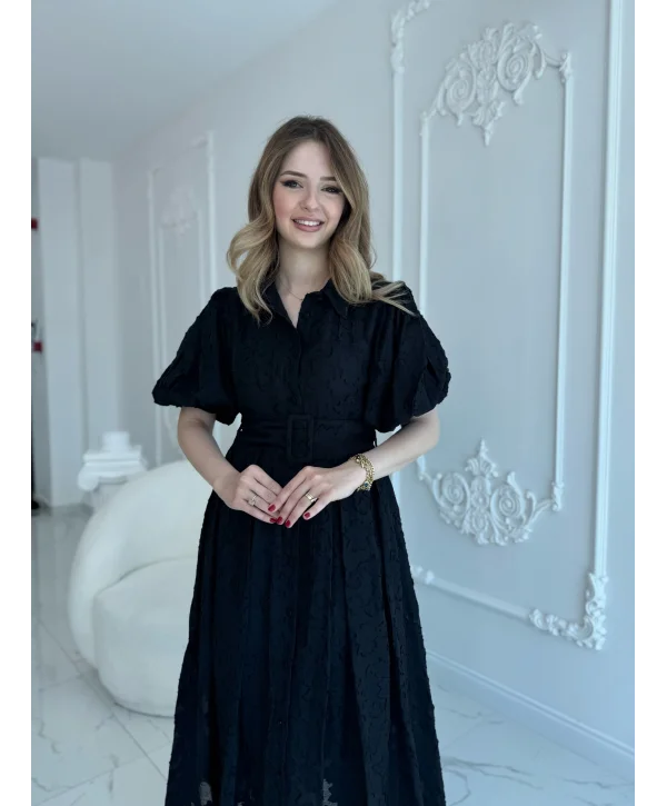 Kemerli Balon Kol Jakarlı Siyah Elbise