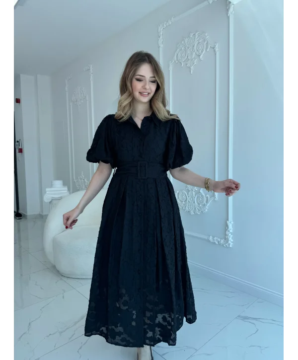 Kemerli Balon Kol Jakarlı Siyah Elbise