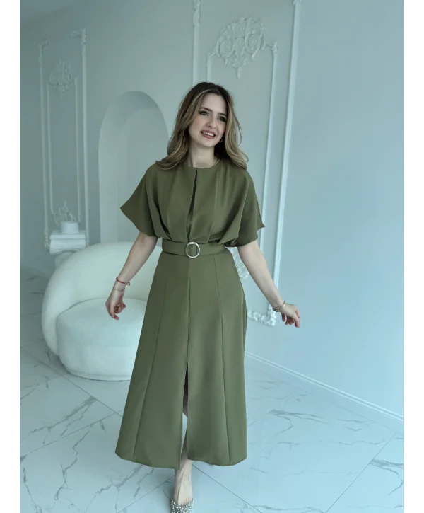 Kemer Detaylı Yırtmaçlı Pliseli Maxi Boy Haki Elbise