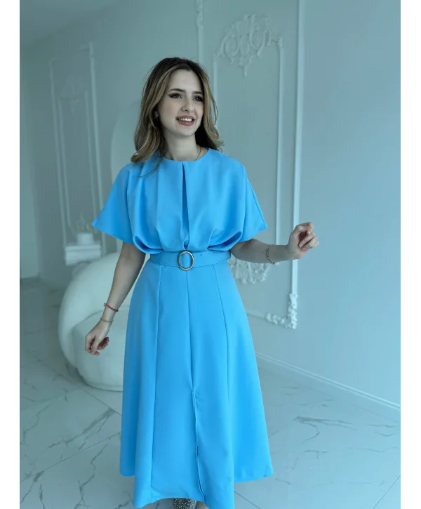 Kemer Detaylı Yırtmaçlı Pliseli Maxi Boy Mavi Elbise