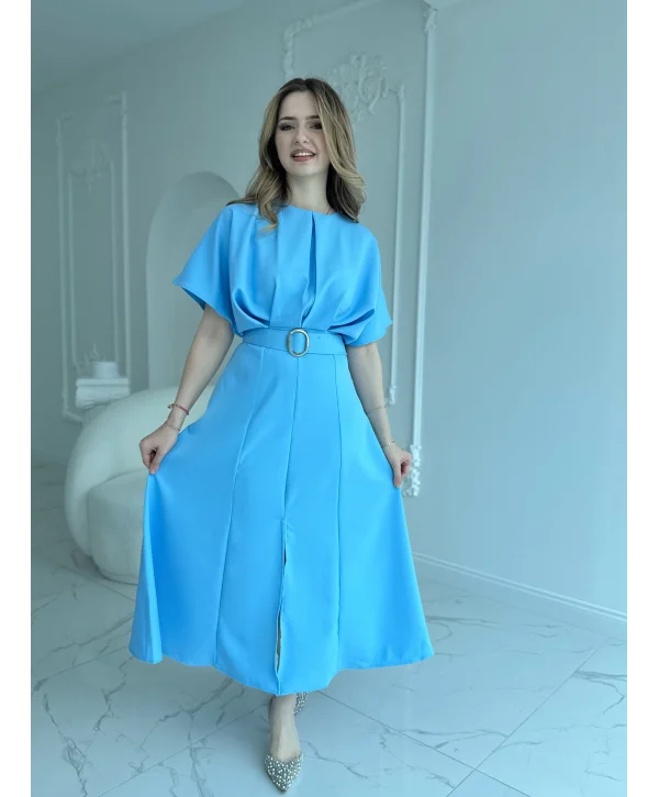 Kemer Detaylı Yırtmaçlı Pliseli Maxi Boy Mavi Elbise