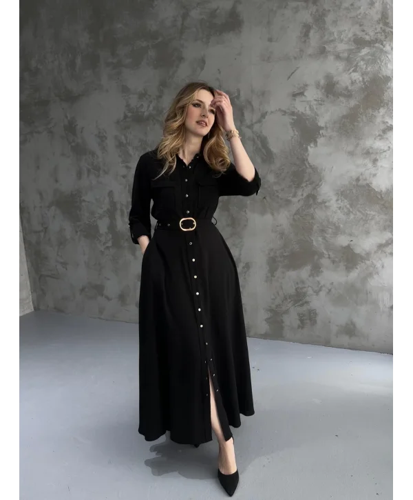 Kemerli Tam Boy Siyah Kemer Detaylı Elbise