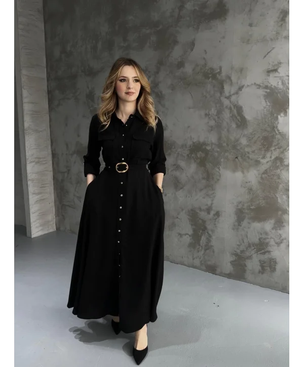 Kemerli Tam Boy Siyah Kemer Detaylı Elbise