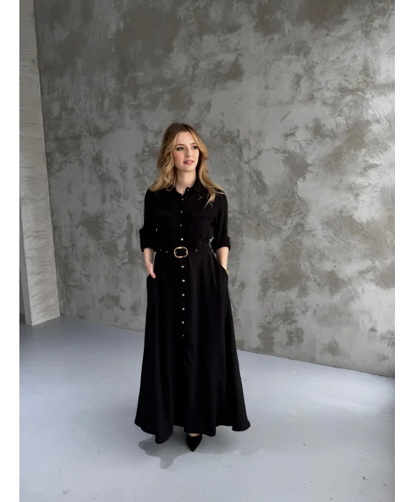 Kemerli Tam Boy Siyah Kemer Detaylı Elbise