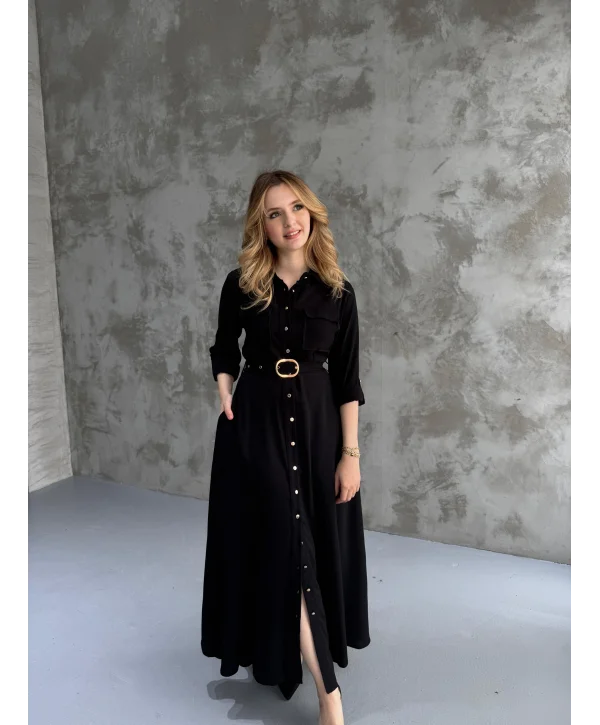 Kemerli Tam Boy Siyah Kemer Detaylı Elbise