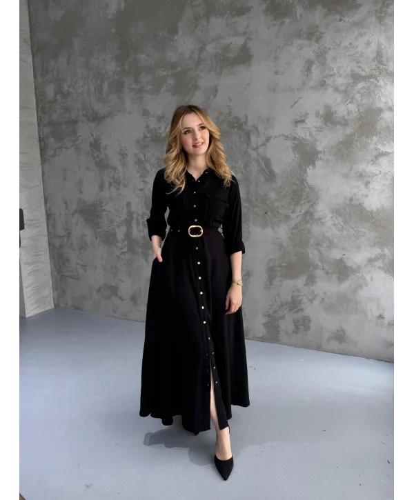 Kemerli Tam Boy Siyah Kemer Detaylı Elbise