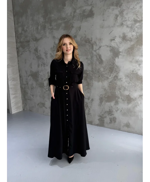 Kemerli Tam Boy Siyah Kemer Detaylı Elbise