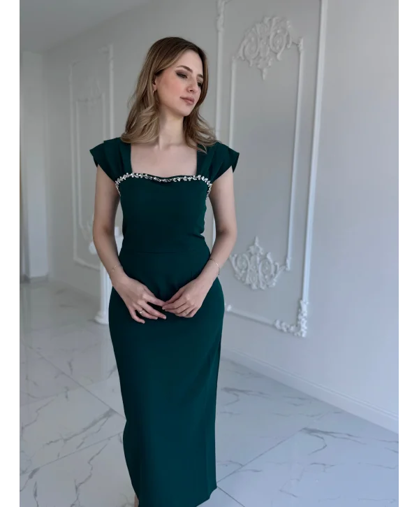 Zümrüt Maxi boy yaka taş detaylı uzun elbise