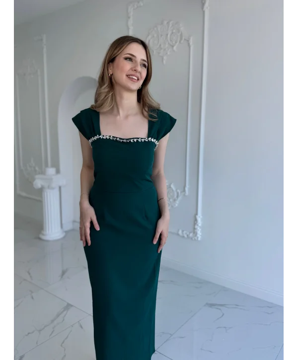 Zümrüt Maxi boy yaka taş detaylı uzun elbise