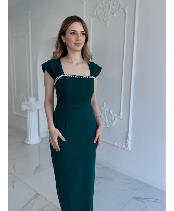 Zümrüt Maxi boy yaka taş detaylı uzun elbise