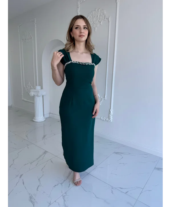 Zümrüt Maxi boy yaka taş detaylı uzun elbise