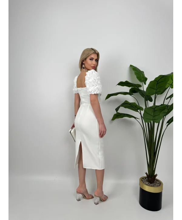 Kol Detaylı Beyaz Midi Boy Elbise