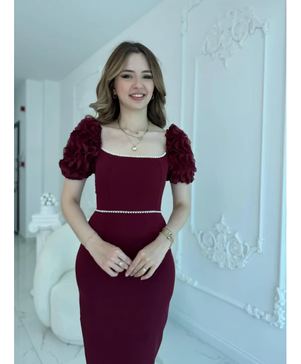 Kol Detaylı Bordo Midi Boy Elbise