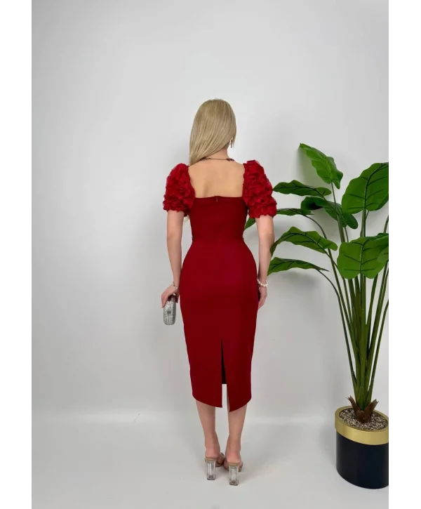 Kol Detaylı Bordo Midi Boy Elbise