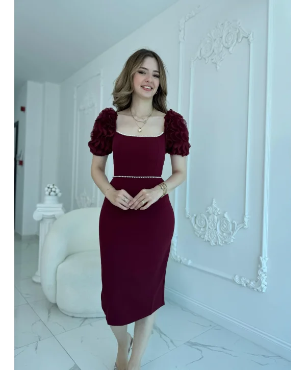 Kol Detaylı Bordo Midi Boy Elbise