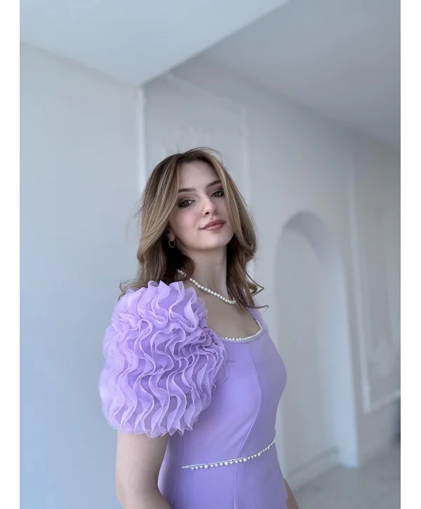 Kol Detaylı Lila Midi Boy Elbise