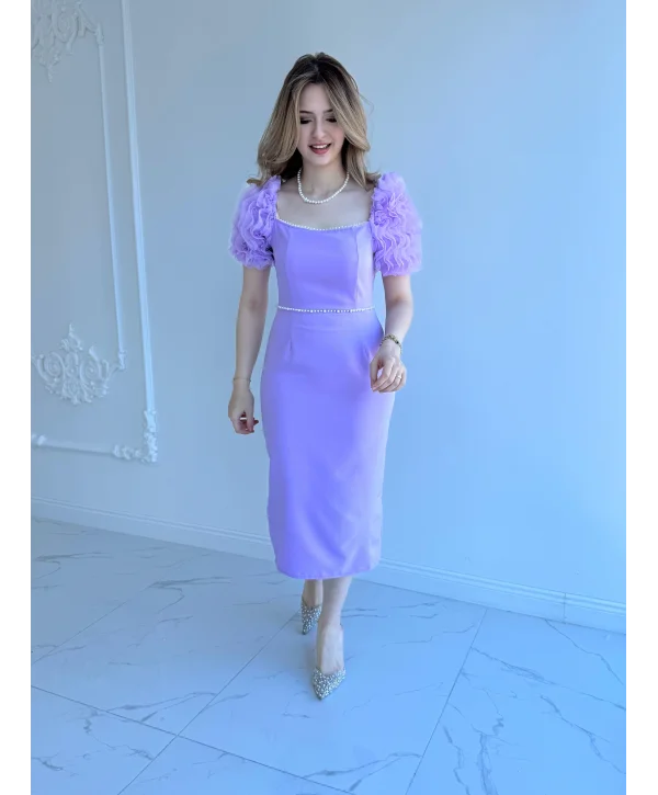Kol Detaylı Lila Midi Boy Elbise
