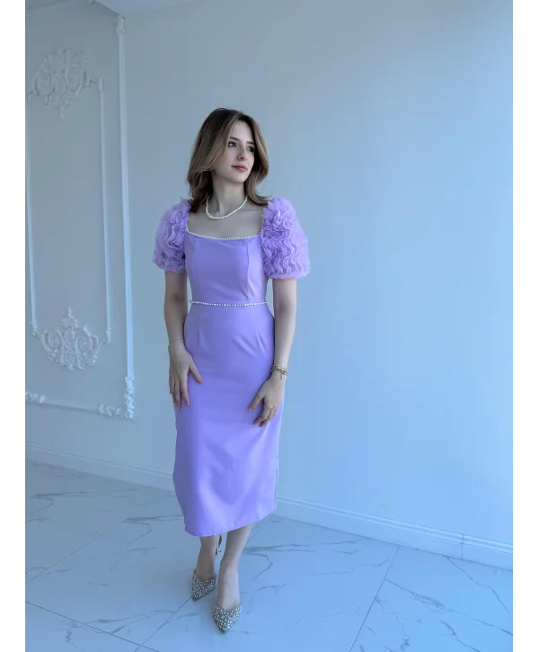 Kol Detaylı Lila Midi Boy Elbise