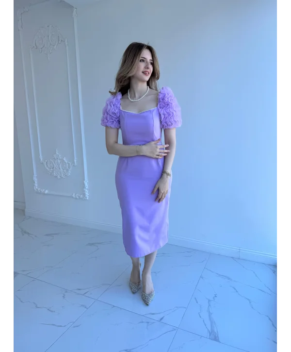Kol Detaylı Lila Midi Boy Elbise