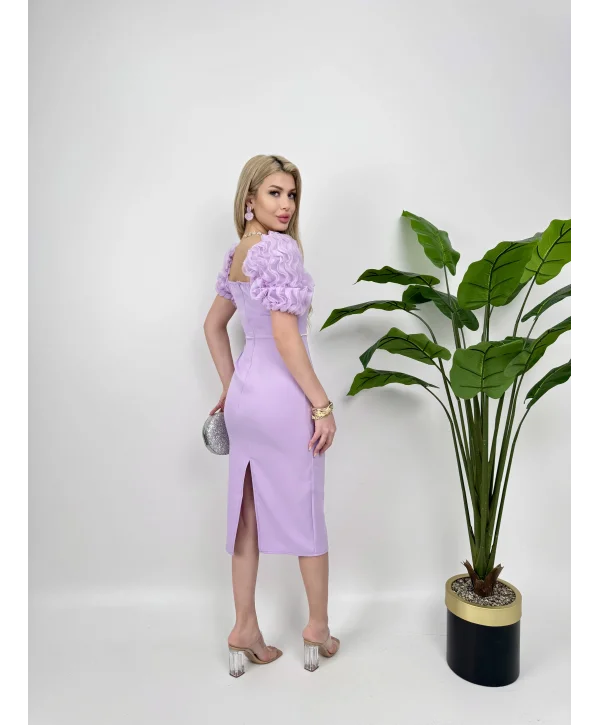 Kol Detaylı Lila Midi Boy Elbise