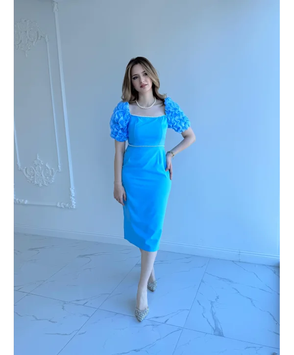 Kol Detaylı Mavi Midi Boy Elbise