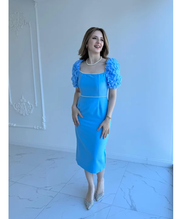 Kol Detaylı Mavi Midi Boy Elbise