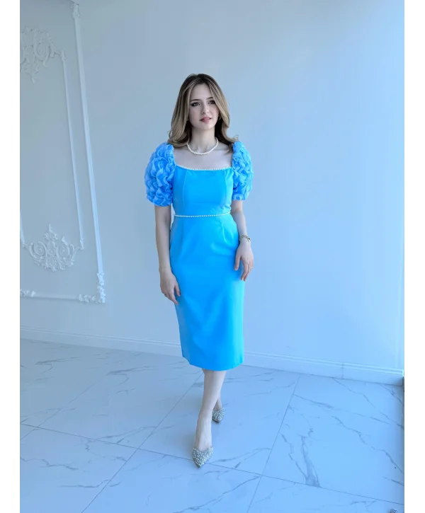 Kol Detaylı Mavi Midi Boy Elbise