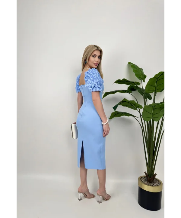 Kol Detaylı Mavi Midi Boy Elbise