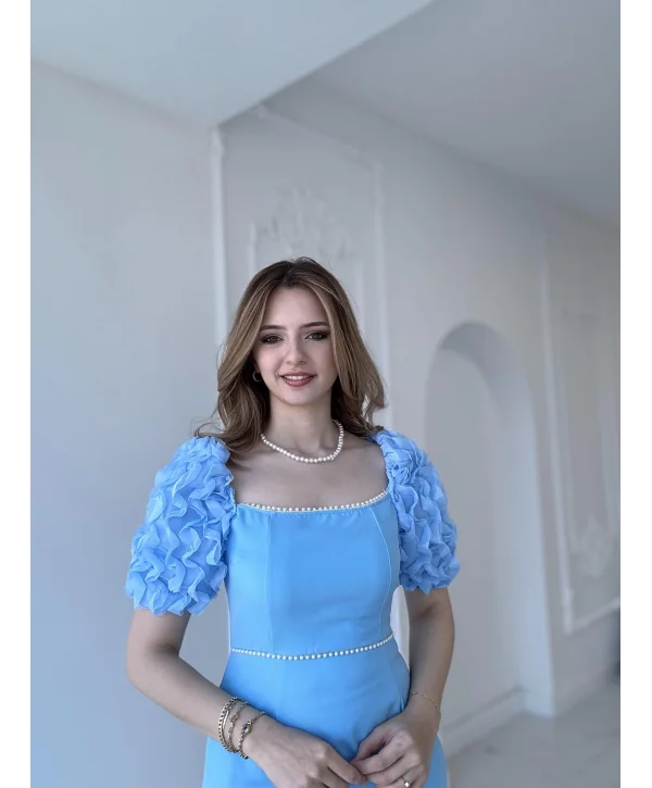 Kol Detaylı Mavi Midi Boy Elbise