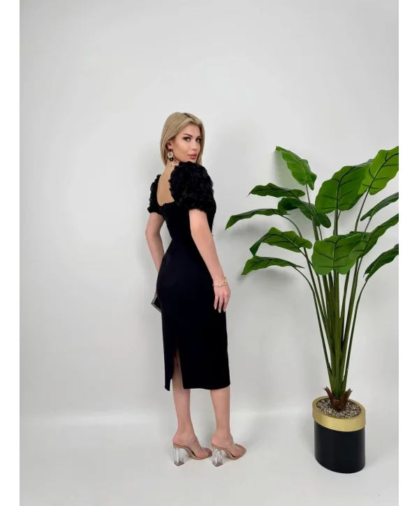 Kol Detaylı Siyah Midi Boy Elbise