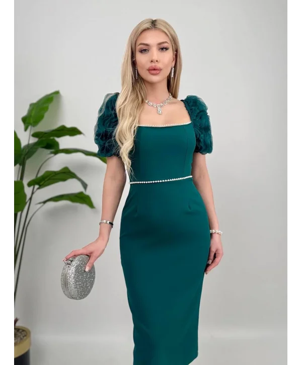 Kol Detaylı Zümrüt Midi Boy Elbise
