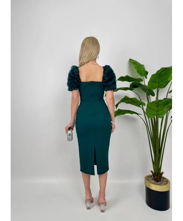 Kol Detaylı Zümrüt Midi Boy Elbise
