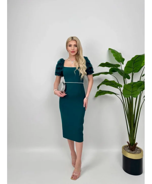 Kol Detaylı Zümrüt Midi Boy Elbise