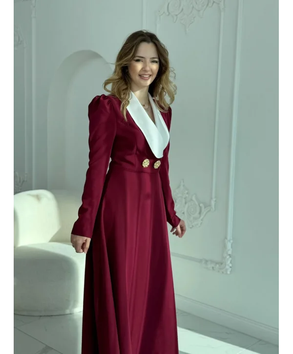 Kontrast Yaka ve Düğme Detaylı Bordo Elbise