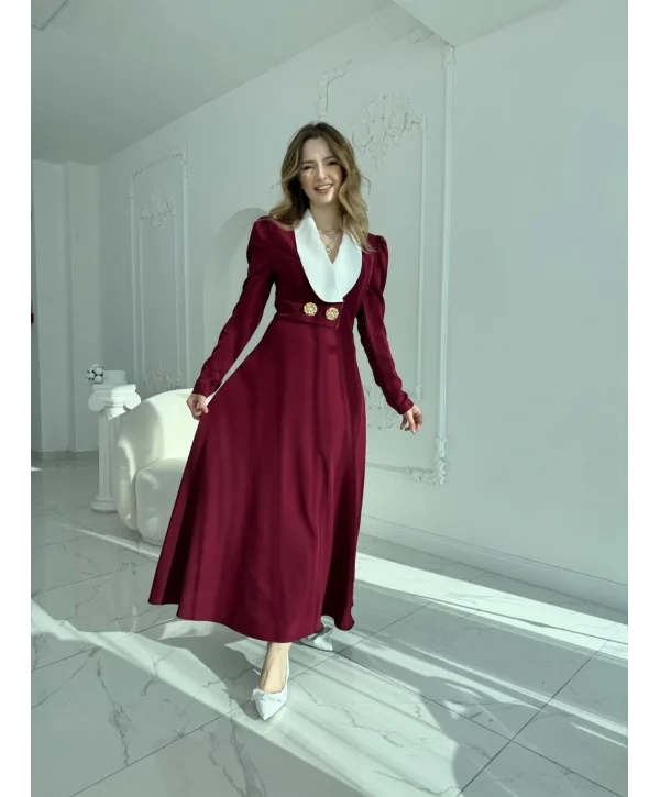 Kontrast Yaka ve Düğme Detaylı Bordo Elbise