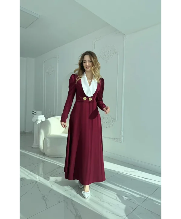 Kontrast Yaka ve Düğme Detaylı Bordo Elbise