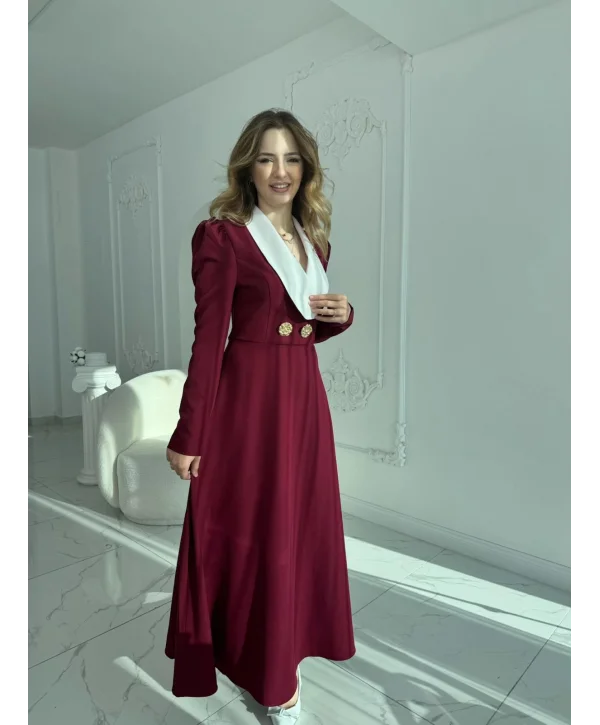 Kontrast Yaka ve Düğme Detaylı Bordo Elbise