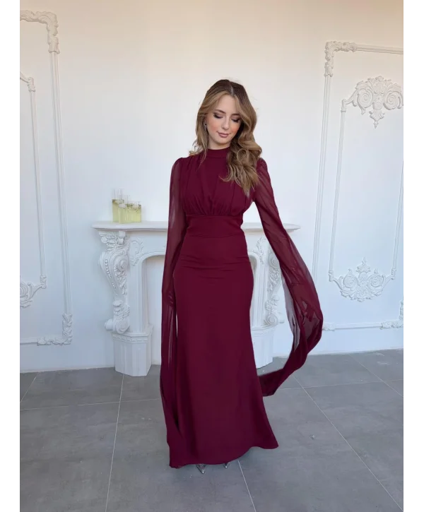 Korse Detaylı Tül Kollu Uzun Bordo Elbise