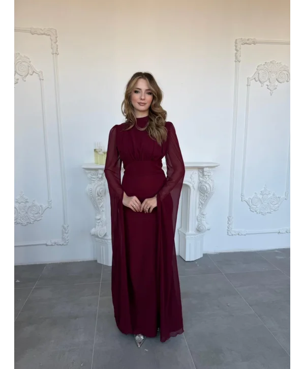Korse Detaylı Tül Kollu Uzun Bordo Elbise
