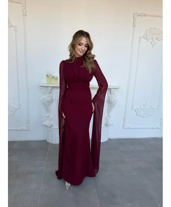 Korse Detaylı Tül Kollu Uzun Bordo Elbise