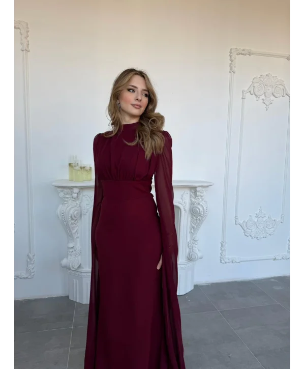 Korse Detaylı Tül Kollu Uzun Bordo Elbise