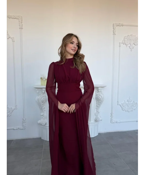 Korse Detaylı Tül Kollu Uzun Bordo Elbise